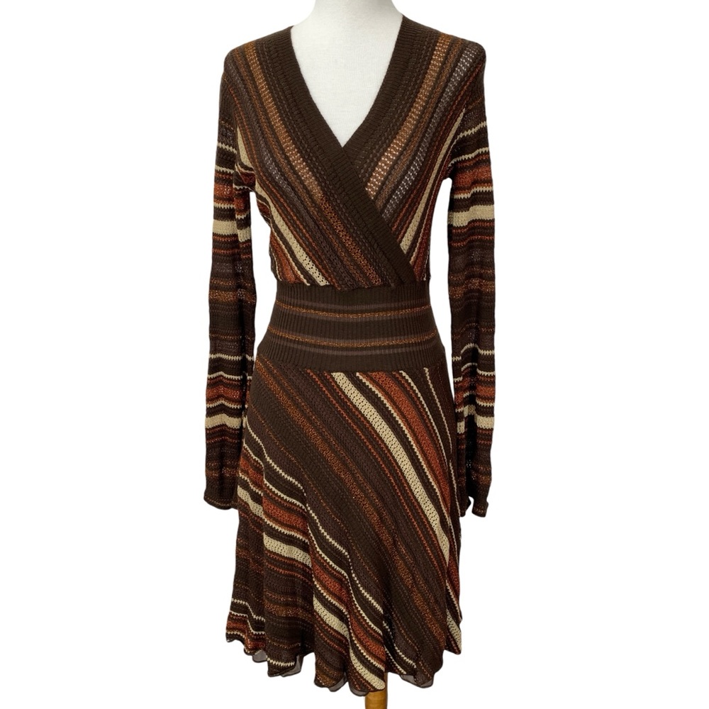 Missoni Dress Womens S/M Brown Gold Open Knit Beach Cover Up Long Sleeve V-Neck